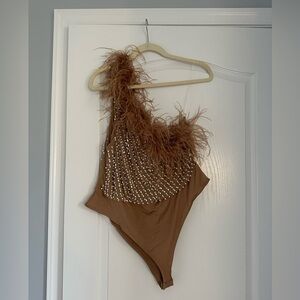 Fashion Nova Bodysuit, nude color, feathers, pearls, rhinestones, very stretchy 
